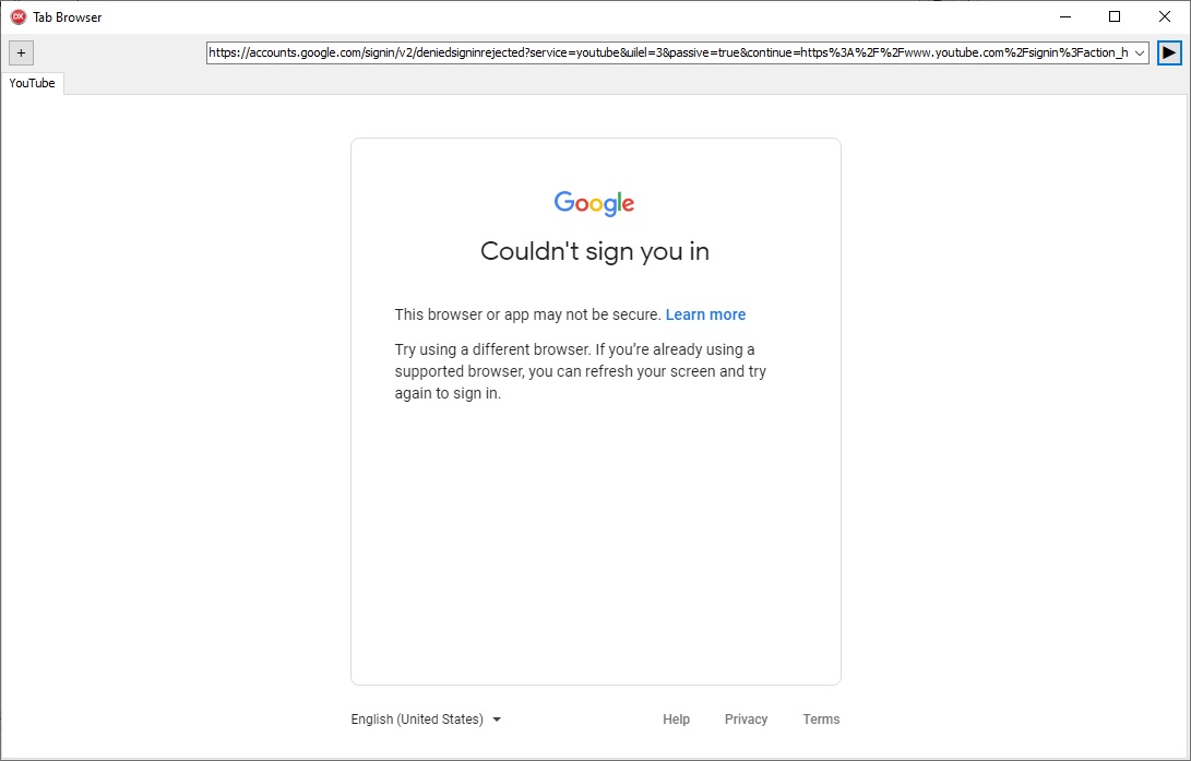 Скринсшот проблемы авторизации в Google из Chromium